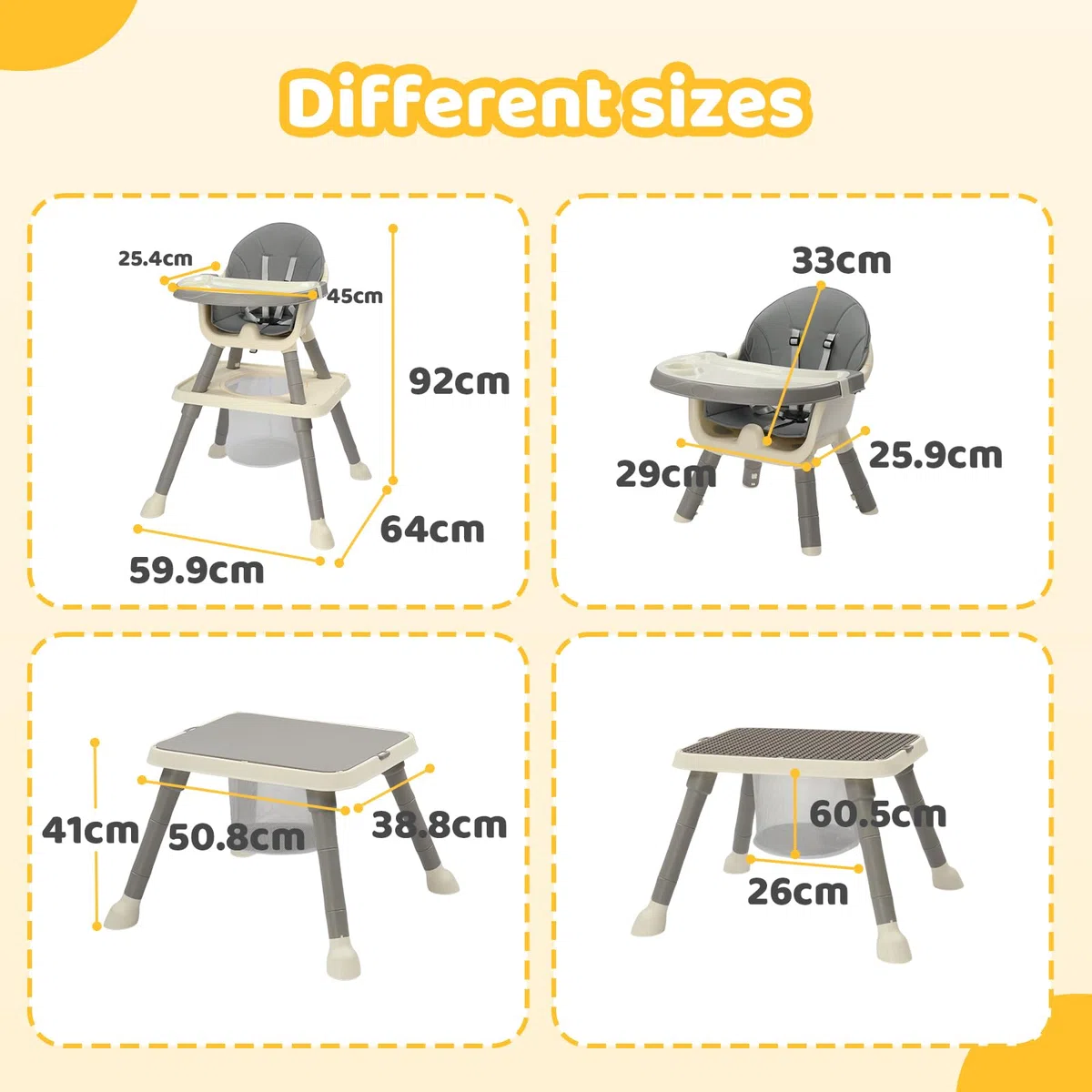 Bonnlo Baby Hochstuhl mit Liegefunktion, Hochstuhl Baby ab 6 Monate für Essen und Badewanne, Premium Babystuhl mit Goldrahmen, Inkl. Doppeltablett und Fußstütze, Bis 15 kg (Grau)