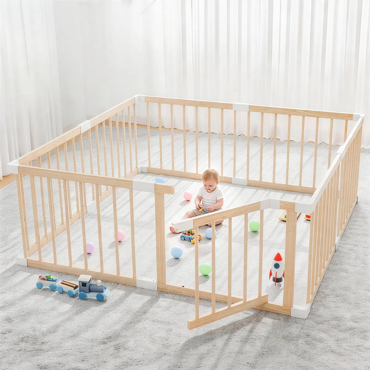 Baby Laufstall aus Holz mit Tür & Sicherheitsverschluss - Robustes Laufgitter zum Zusammenbauen, individuell formbares Krabbelgitter & Absperrgitter für Babys und Kleinkinder(135 * 135 * 61 cm)