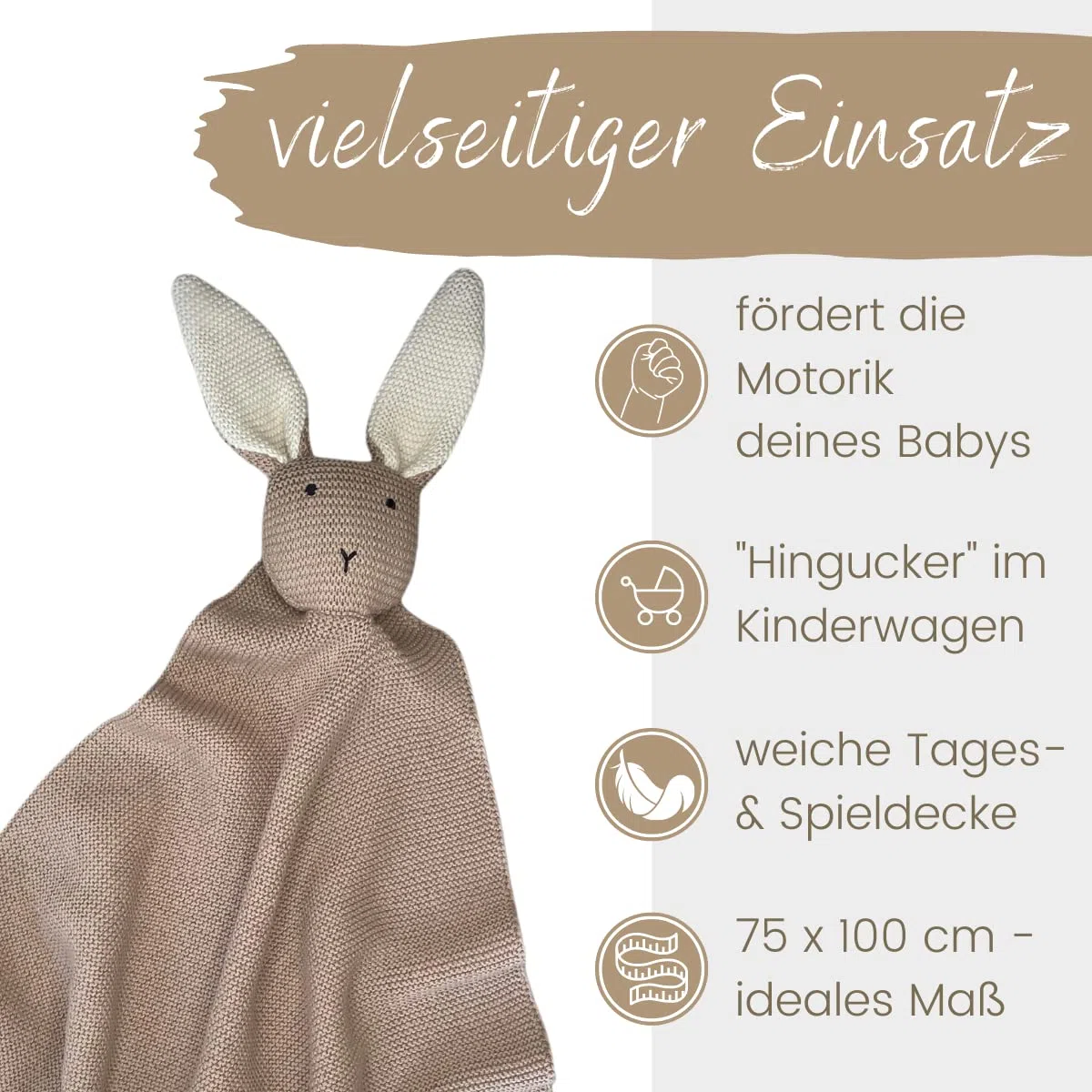 DIKOS Original 2-in-1 Babydecke & Kuscheltuch SCHMUSE-Hase – Weiche Kuscheldecke für Baby Mädchen & Jungen aus Bio-Baumwolle (Oeko Tex) – Weiche Baby-Decke als Geschenk zur Geburt – Warmes Taupe
