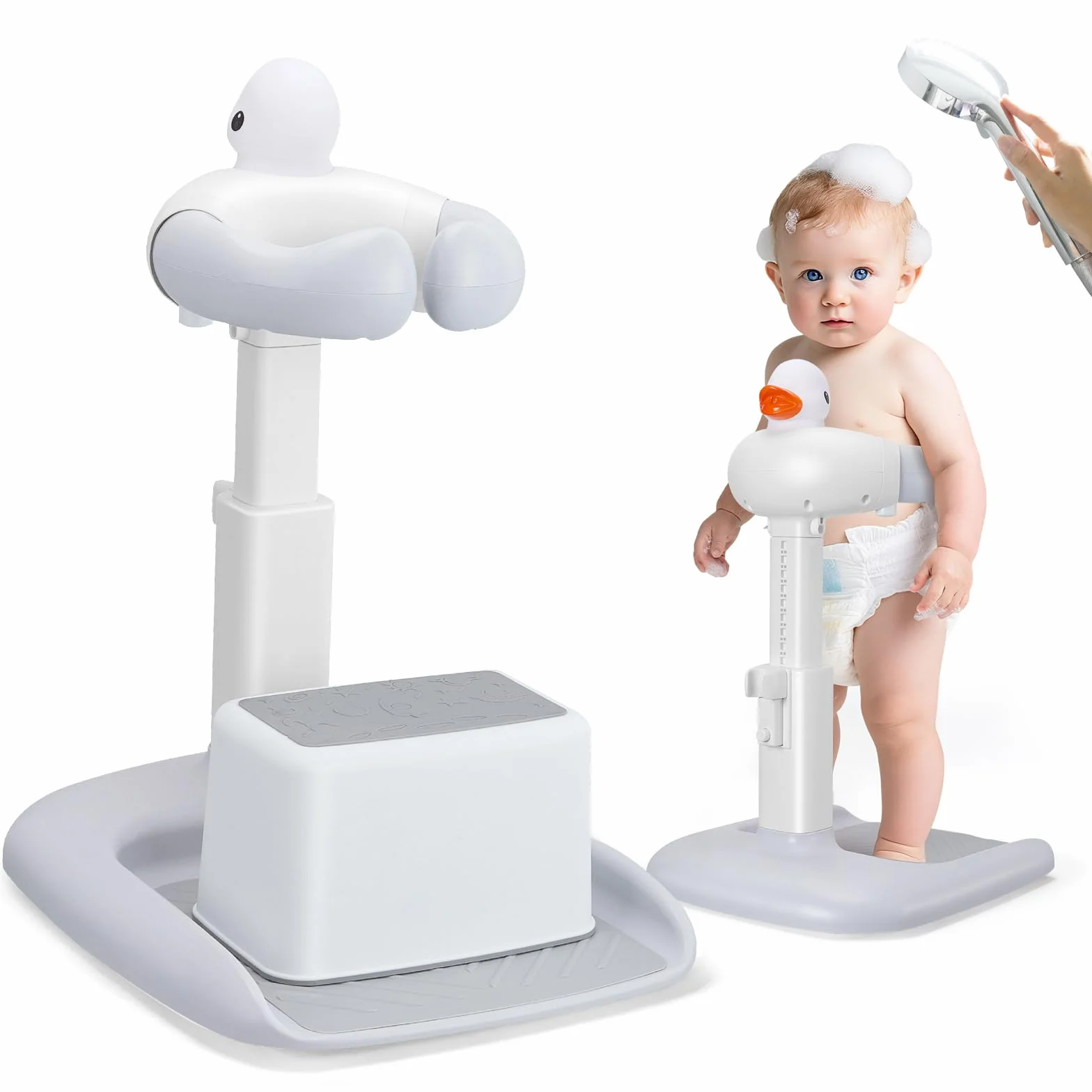 Baby Dusche Ständer mit Duschhalterung Klemmschutz, Einstellbarer (Ente) | Einfache Installation, mit Duschsitz & Antirutsch-Basis, für 6–36 Monate, Ideal als Babyduschständer und Babygeschenk