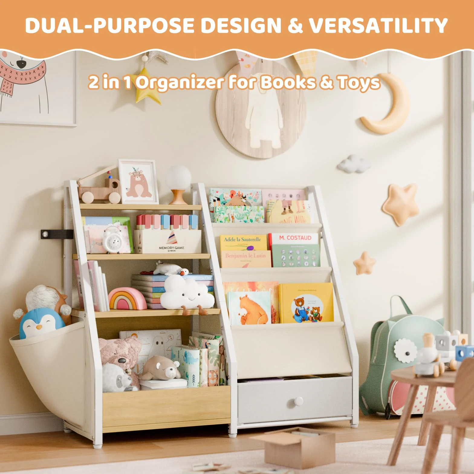 HAVLOTII Kinder-Bücherregal und Spielzeugaufbewahrung – Bücherregal für Kinderzimmer, Kleinkind-Bücherregal für Kinderzimmer, Montessori-Spielzeug-Organizer, Burlywood