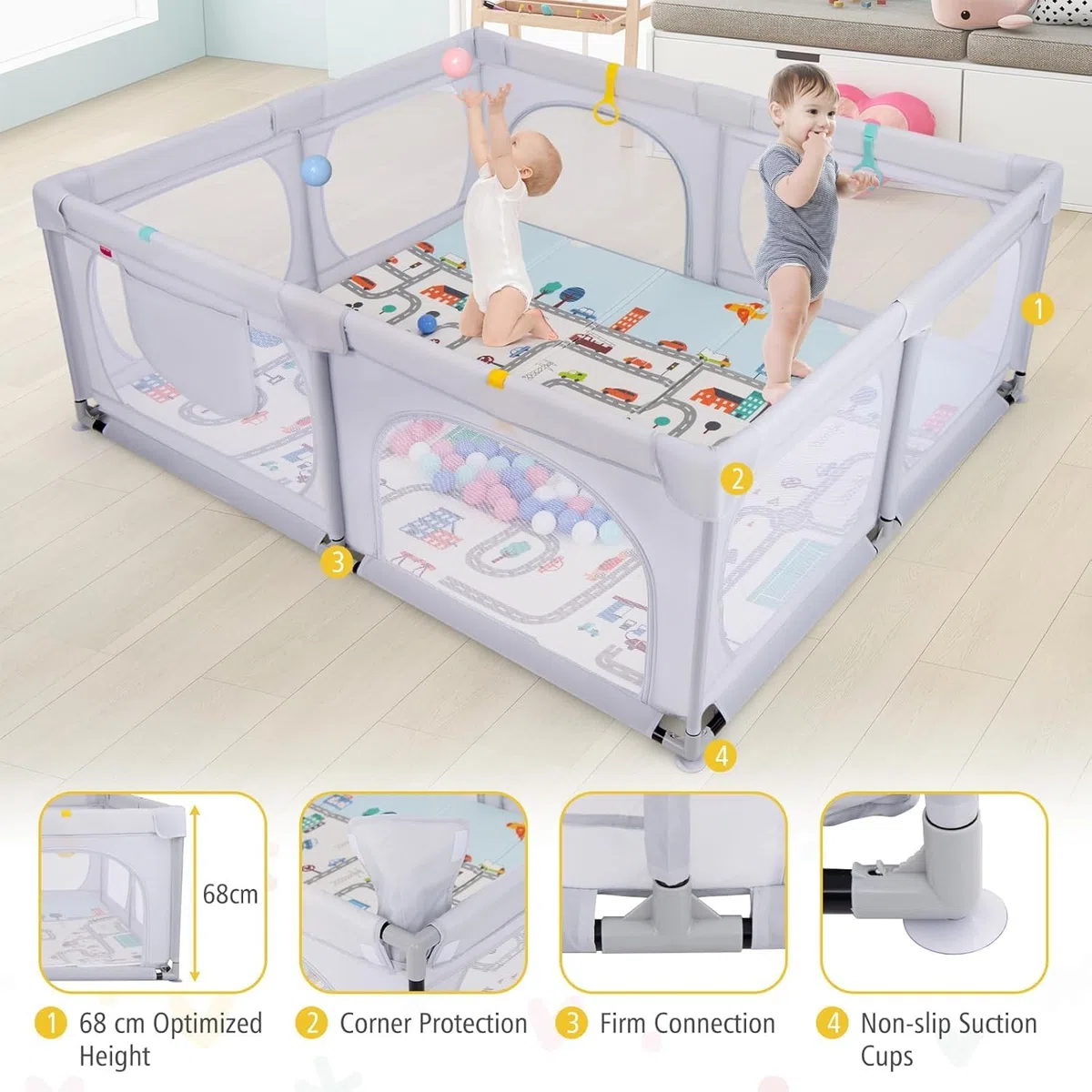FANTASK Laufstall Baby faltbar mit Matratze 189 x 158 cm, Laufgitter mit 50 Spielbällen & 4 Griffe (Hellgrau)