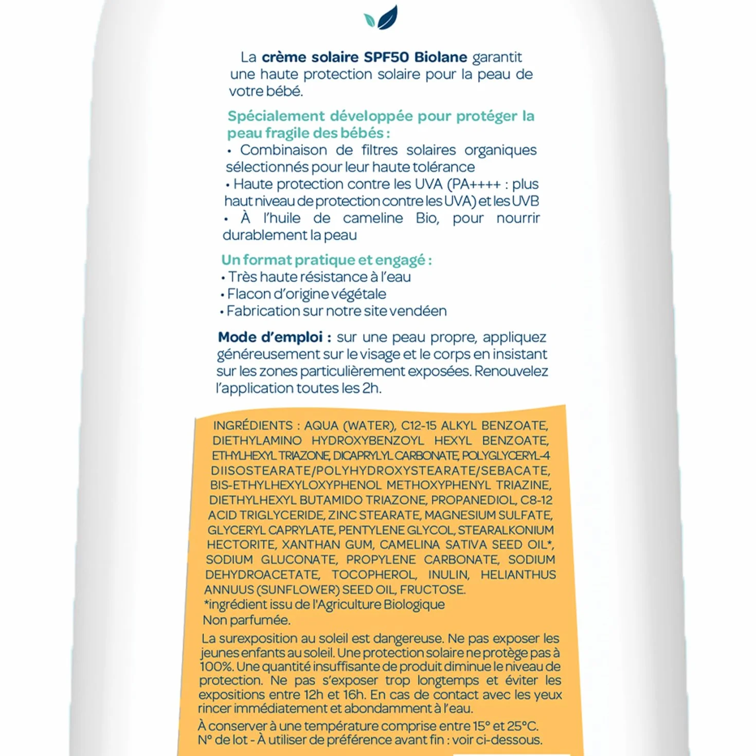 BIOLANE - Baby-Sonnencreme SPF 50 – 200 ml – hoher Schutz gegen UVA und UVB – für empfindliche Haut – wasserfest – Sonnenschutz für Babys – hergestellt in Frankreich