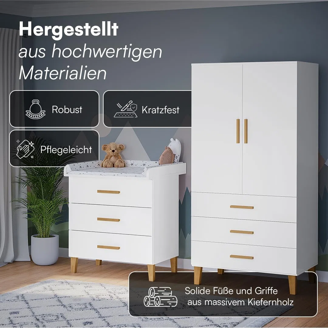 Bellabino Liri Kinderzimmer Set – 2-teiliges Babyzimmer Set mit Kinderkleiderschrank & Wickelkommode in Weiß/Natur – Wickeltisch mit abnehmbaren Wickelaufsatz & Kleiderschrank für Kinderzimmer