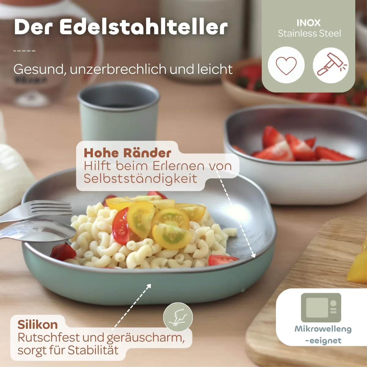 BÉABA Baby-Essensset Geschenkset ab 4 Monaten – Edelstahl-Teller mikrowellengeeignet, Ergonomisches Besteck, Lätzchen mit Ärmeln, Aufbewahrungsbox, Gesunde und Langlebige Materialien – Salbei-Grün