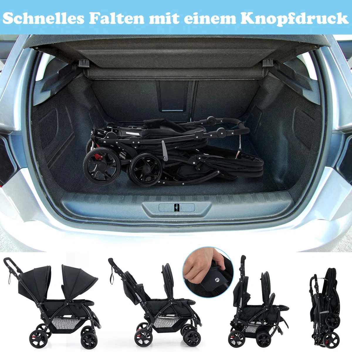 DREAMADE Geschwisterwagen 2 in 1, Doppelkinderwagen Faltbar, Babywagen mit Doppelsitz, Grau