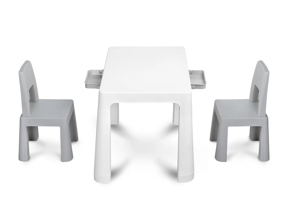IKS2 Toyz Monti Kindertisch mit 2 Stühlen - Kindersitzgruppe - ab 3 Jahren - Kindermöbel Set Tisch und 2 x Stuhl - Kleiner Tisch und Stühle aus Kunststoff, für Outdoor und Indoor - Grau