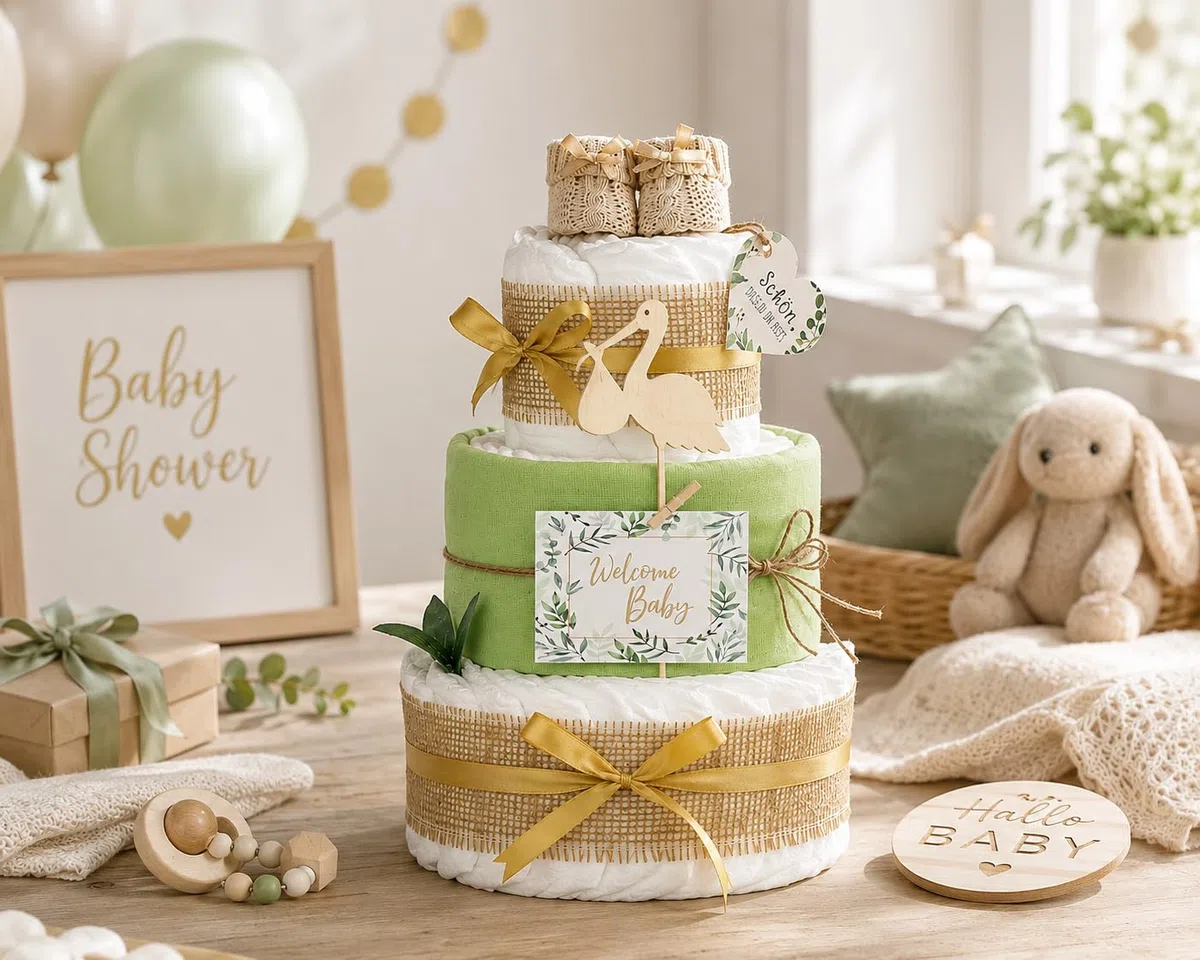 Premium Windeltorte Storch mit Bündel | inkl. Babybooties und Mullwindel | 3-stöckig (grün)