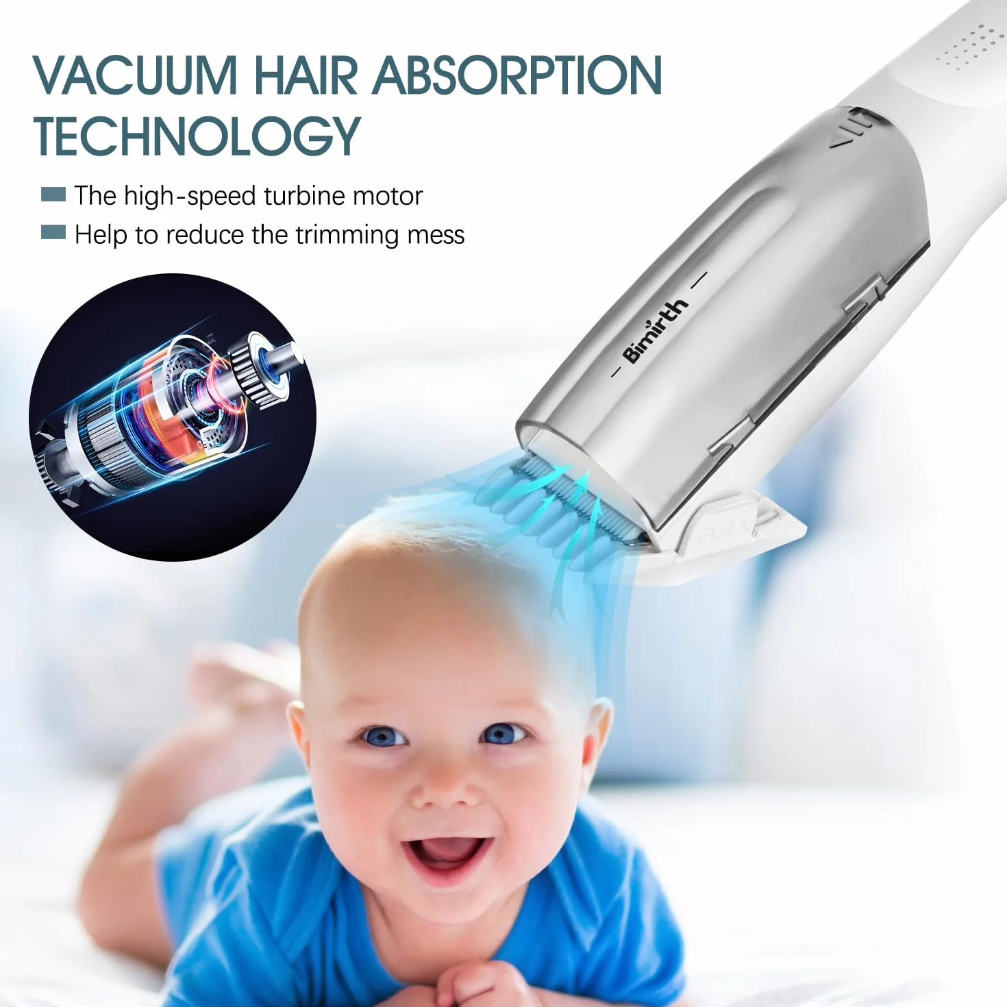 Bimirth Baby Haarschneider - Leise, Wasserdicht Schnurloser Kinder Haartrimmer mit Vakuum, USB Wiederaufladbar, 3 Führungskämme, Sicheren Keramikklingen und Tasche