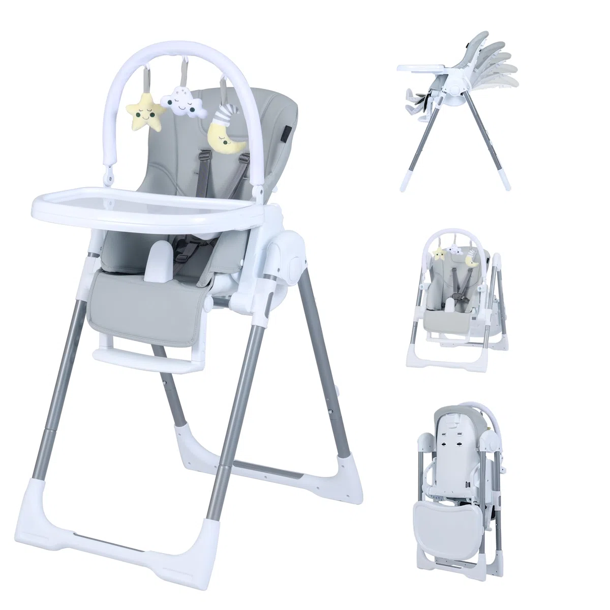 LIFEZEAL Hochstuhl für Kinder von 6-36 Monaten, Stuhl, Hochstuhl, höhenverstellbar, faltbar, neigbar, Sicherheitsgurt, Fußregen, 2 Tabletts, Räder, Spielzeug, hellgrau