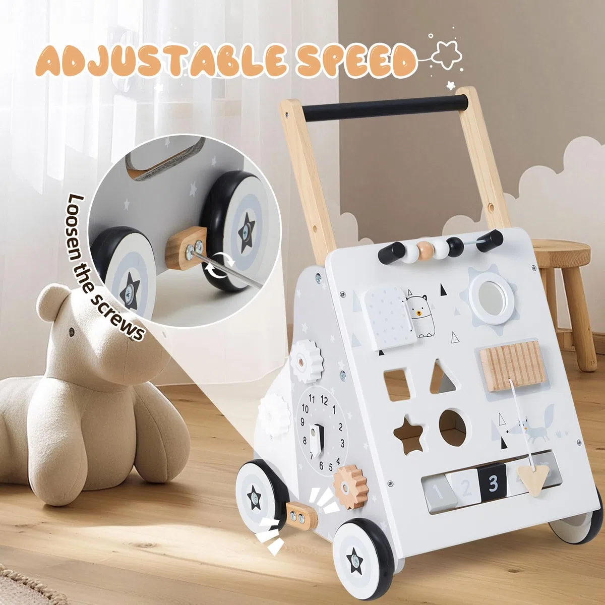 Labebe Lauflernwagen Holz, 8-in-1 Verwendung als Laufwagen, Baby Lauflernhilfe Holz mit gummierten Holzrädern und Activity Center