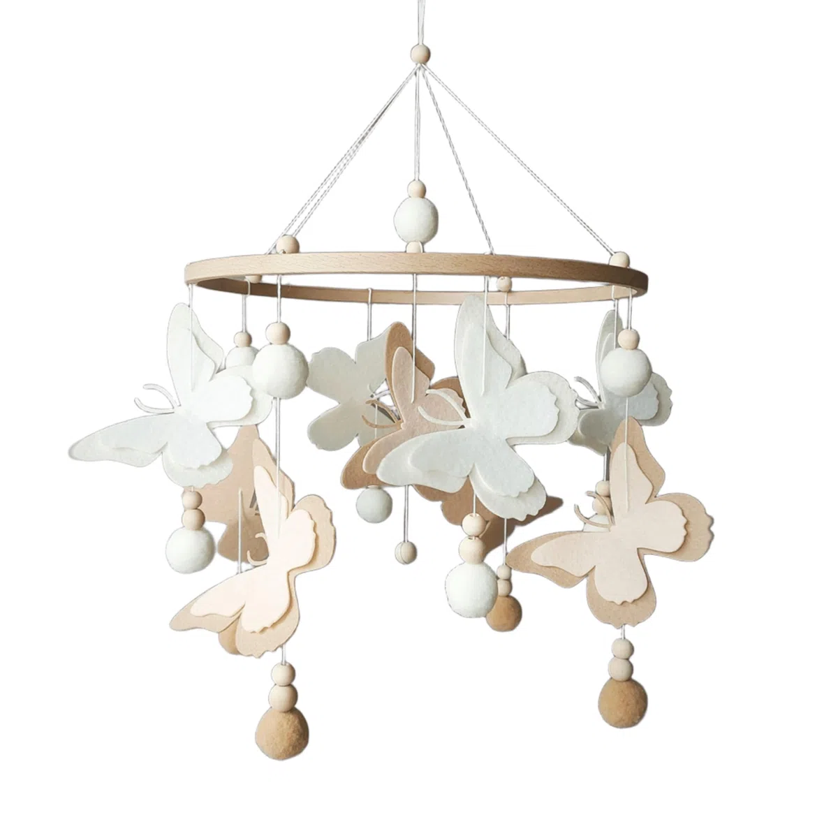 Schmetterlingen Baby Mobile mit Pompons – Neutrales Schmetterlings Mobile in Beige Braun – Handgemachtes Mobile fürs Babybett & Babyzimmer Deko – Perfekt als Baby Shower Geschenk