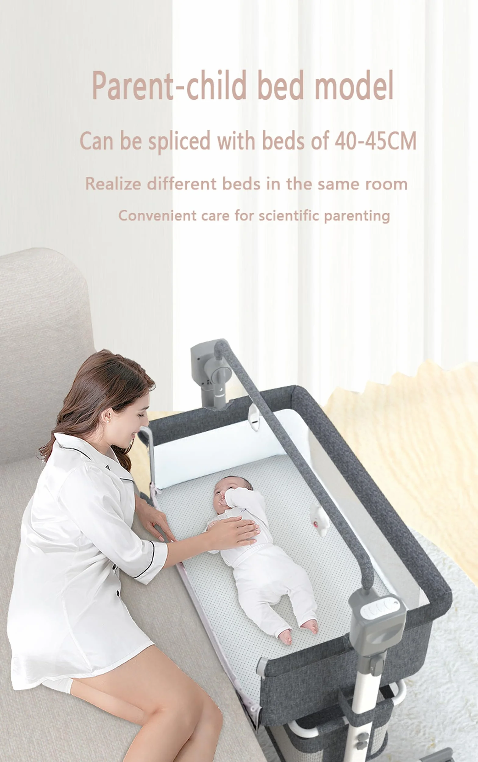 Magic ZC Elektrische Bluetooth Intelligent Beistellbett Baby mit Rollen, Faltbar Co-Sleeping Babybett, Convertible Stubenwagen Wiege mit Fernbedienung, Musik, 5-schwankende Zahnräder (601 Khaki)