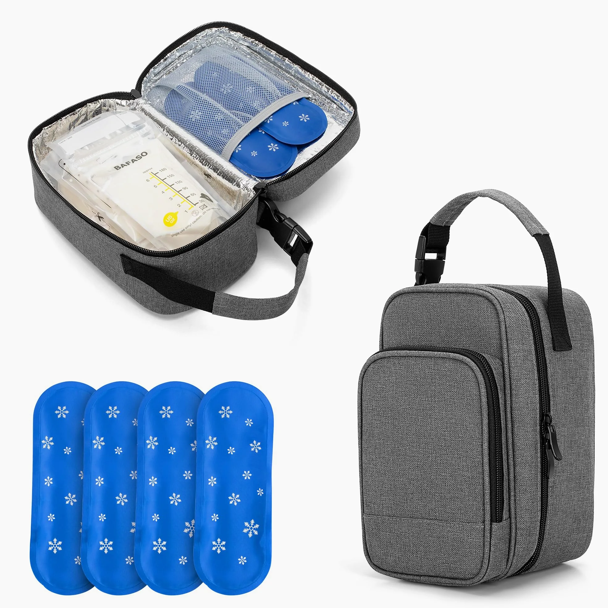 BAFASO Kühltasche für Muttermilch, Isoliert Muttertasche mit 4 Kühlakkus, Brustmilch Aufbewahrung Tasche mit Kühlelement, Reisetasche für Muttermilchbeutel, Grau