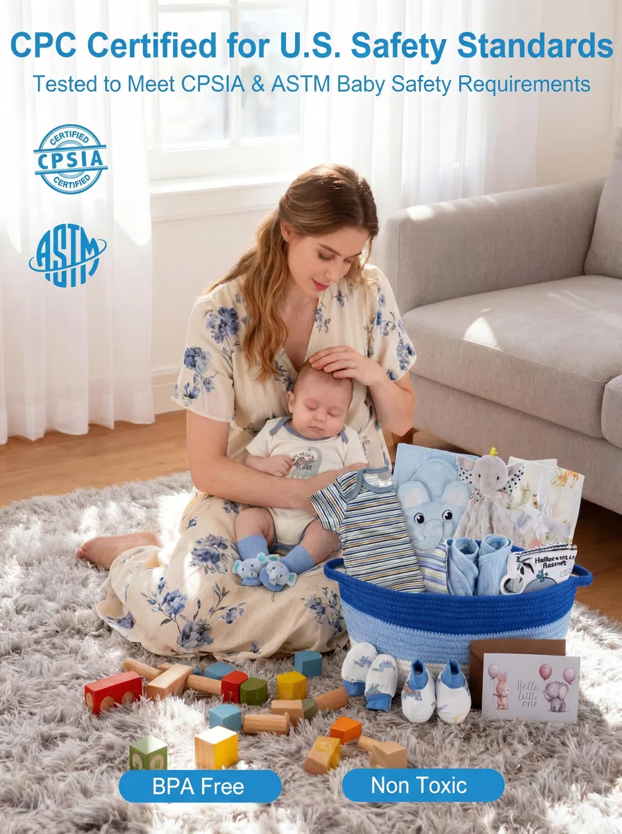 22-teiliges Baby-Geschenkkorb-Set, Blau (0-12 Monate Neugeborene) | Premium Babyparty-Geschenke für Jungen: Neugeborenes Essentials Set in gewebtem Korb mit Ballon & Schleife, ultimatives