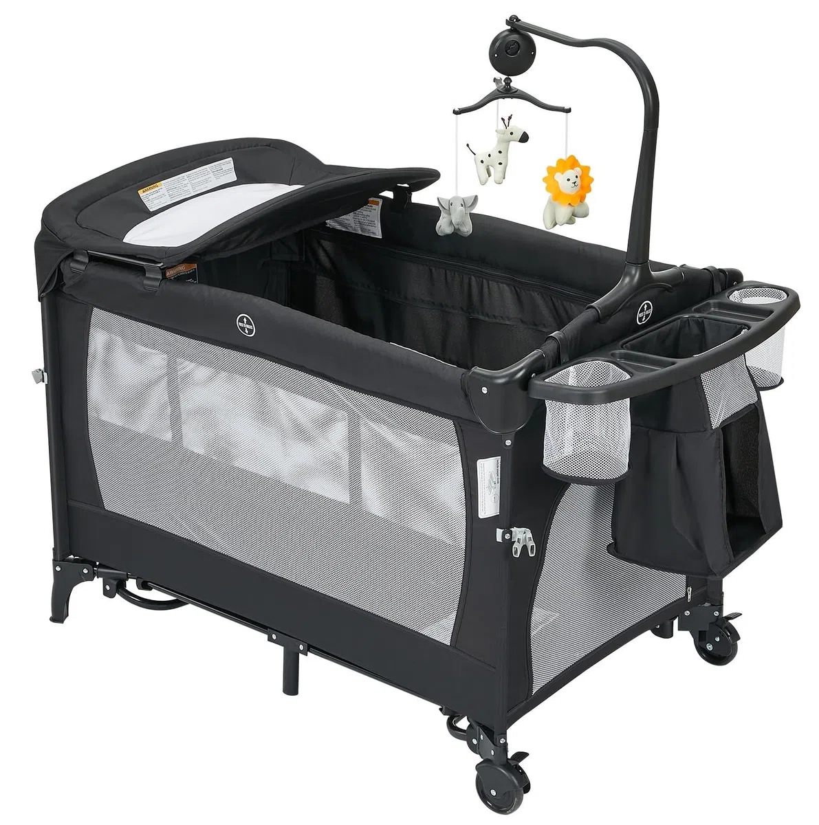 5 in 1 Beistellbett, Reisebett Baby mit Matratze, Babybett | mit Auto-Lock Räder Faltbarer Laufstall mit Musik-Spielbogen, Kinderreisebett mit Bassinet & Wickeltisch, Atmungsaktives Netz