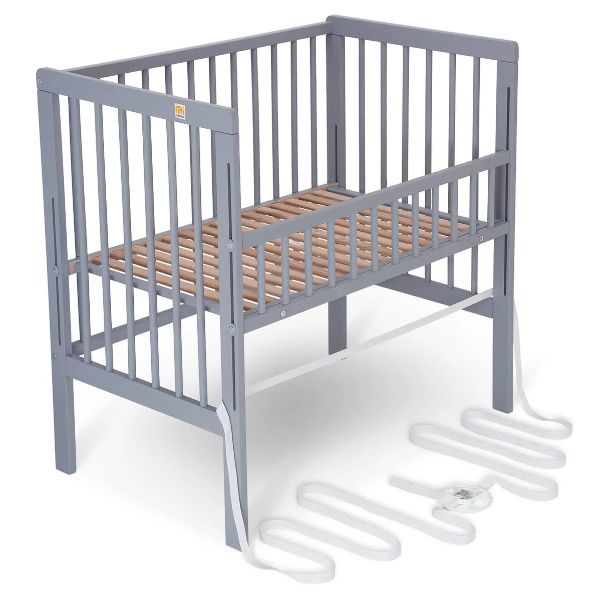 FabiMax Baby Beistellbett für Boxspringbett, TÜV geprüft 2022, inkl. Matratze und Nestchen aus Netzstoff, Buche massiv grau, Classic/graue Blümchen
