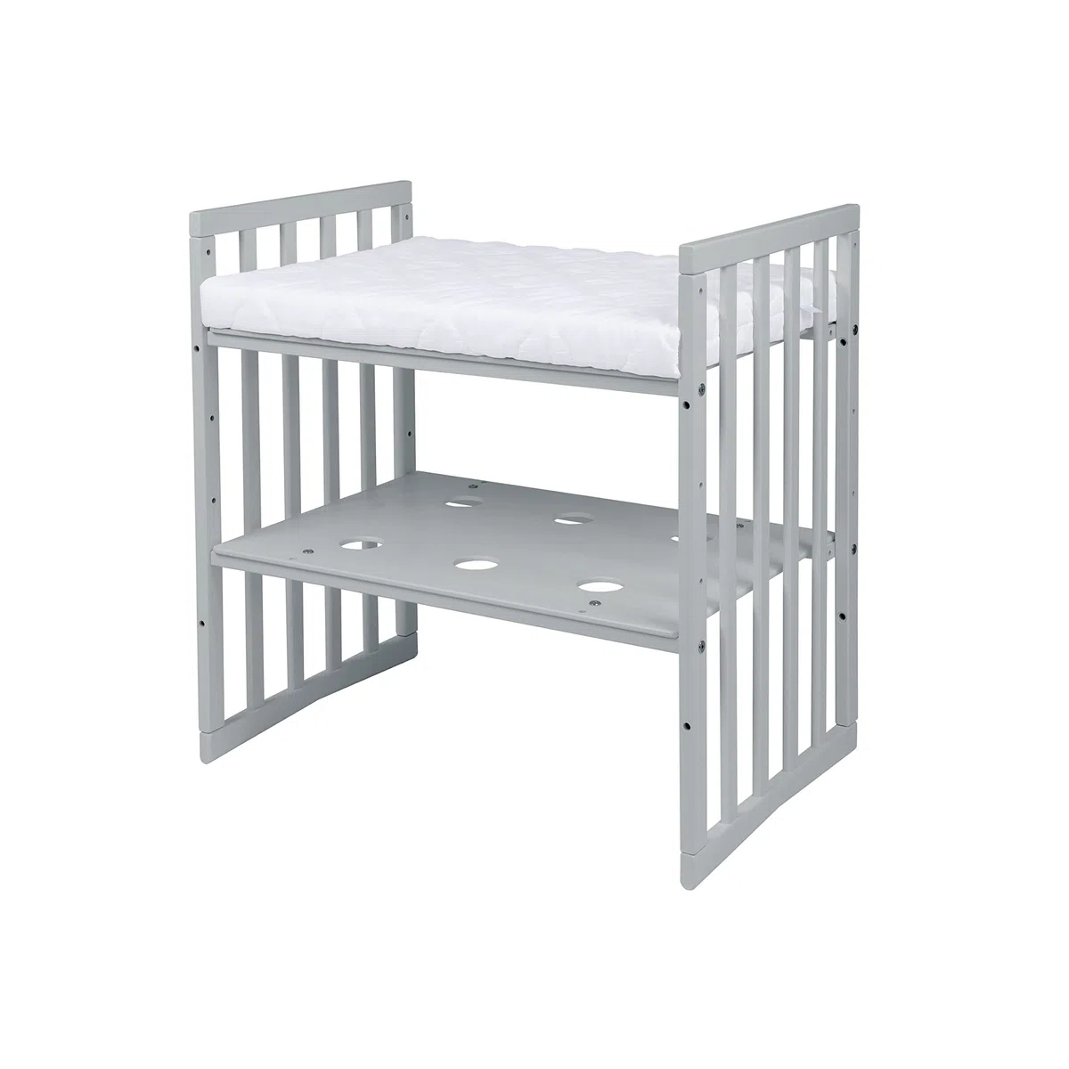 waldin Babybett Oval 7in1, Matratze, Rollen, Regal, Grau | Ohne Stoffset, Mitwachsend, Beistellbett aus Holz, Wiege optional