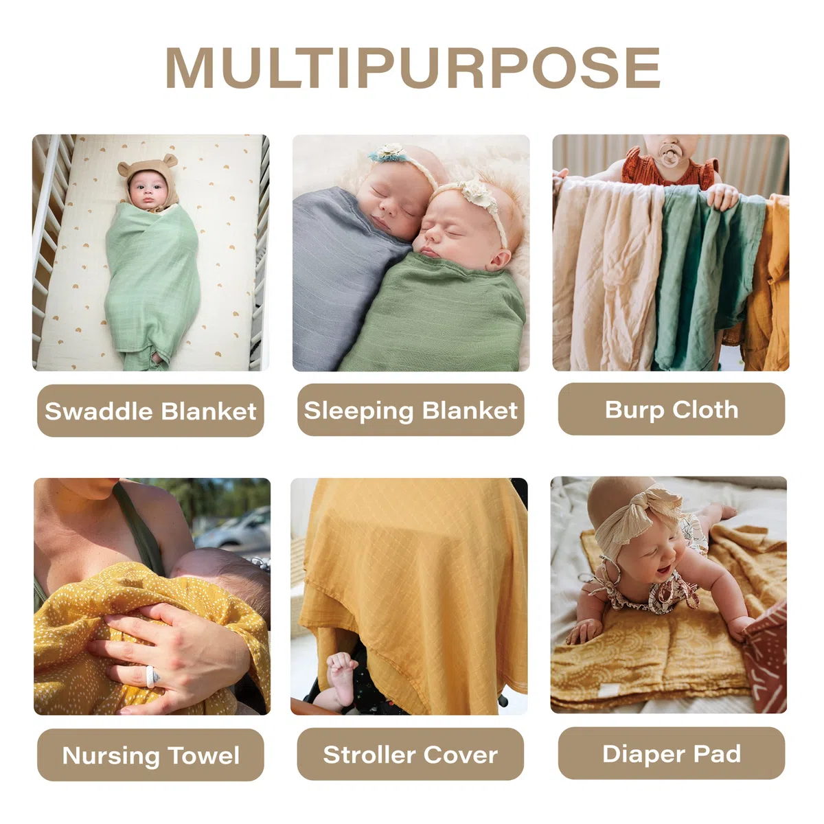 Moonkie Muslin Swaddle Blanket, Essentials Baby Empfangsdecke für Mädchen und Jungen, Säugling tragbar Swaddling Set, 47 x 47 Zoll, 4 Pack (Light Sea Green/Fall Yellow/Beige/Natural)