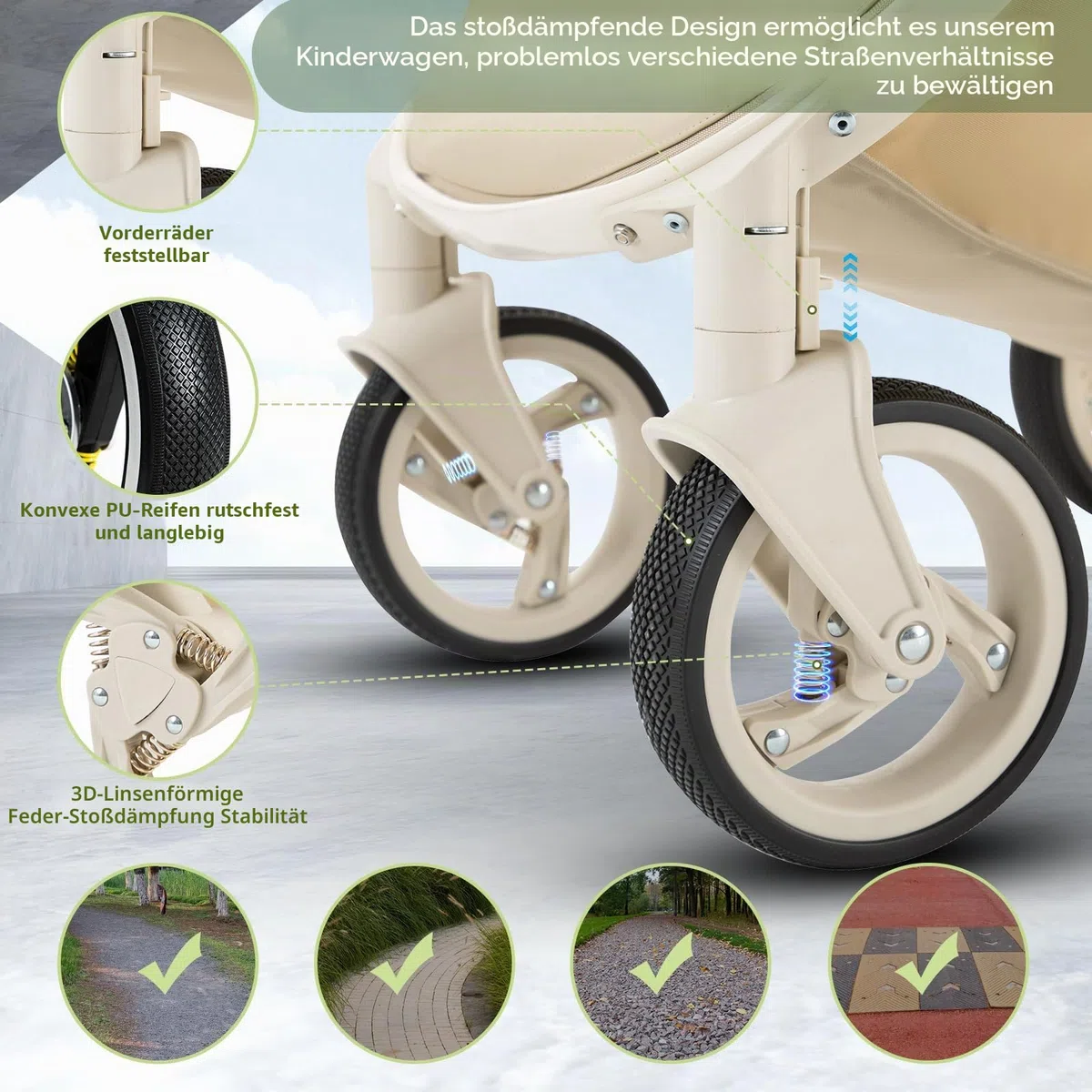 Zkiprm 3-in-1-Kinderwagen, 3-in-1-Reisesystem mit Autositz, mit Regenschutz, Aluminiumrahmen, Stadtwagen, faltbar, mit einer Hand, für Kinder von 0-4 Jahren,Khaqi