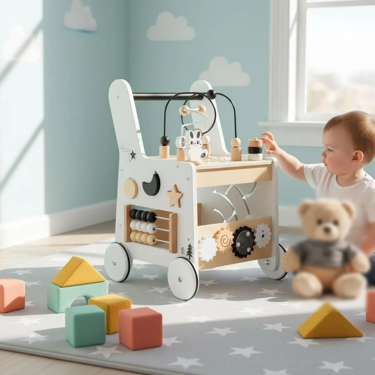 Lernwagen Kinder Lauflernwagen Aktivitätswagen Spielwagen Holz Lernspielzeug Motorikbrett mit Griff Stabile Räder Formensortierer Texturen Förderung