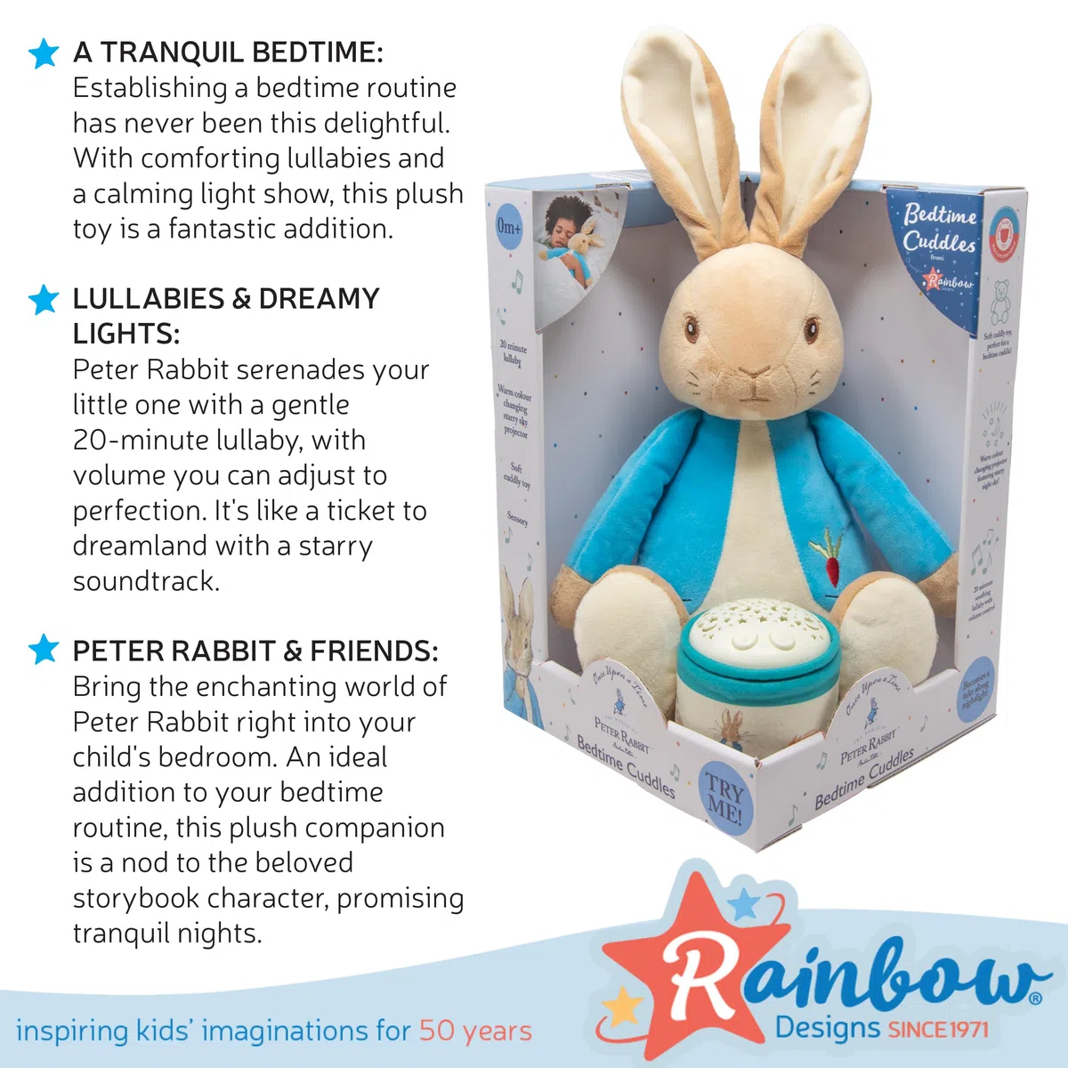 Rainbow Designs Bedtime Cuddles with Peter Rabbit – Klassisches Plüschtier mit Sternenhimmel, projizierender Nachtlicht-Laterne und Wiegenlied-Geräuschen