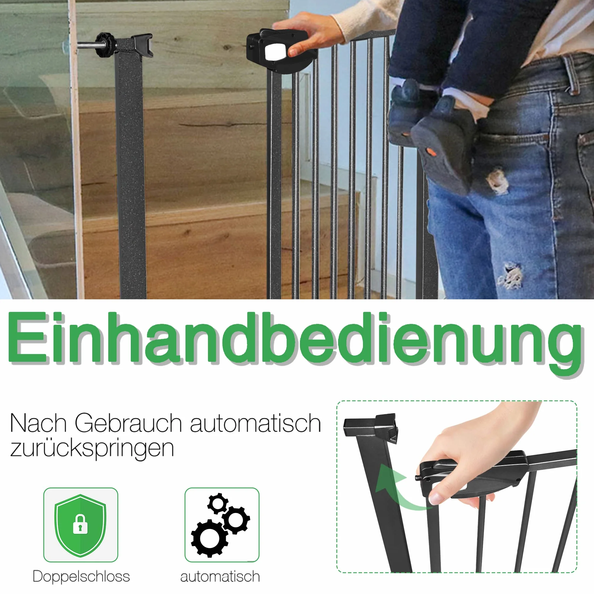 Treppenschutzgitter ohne Bohren 95-105 cm Türschutzgitter für Kinder und Haustiere Schwarz