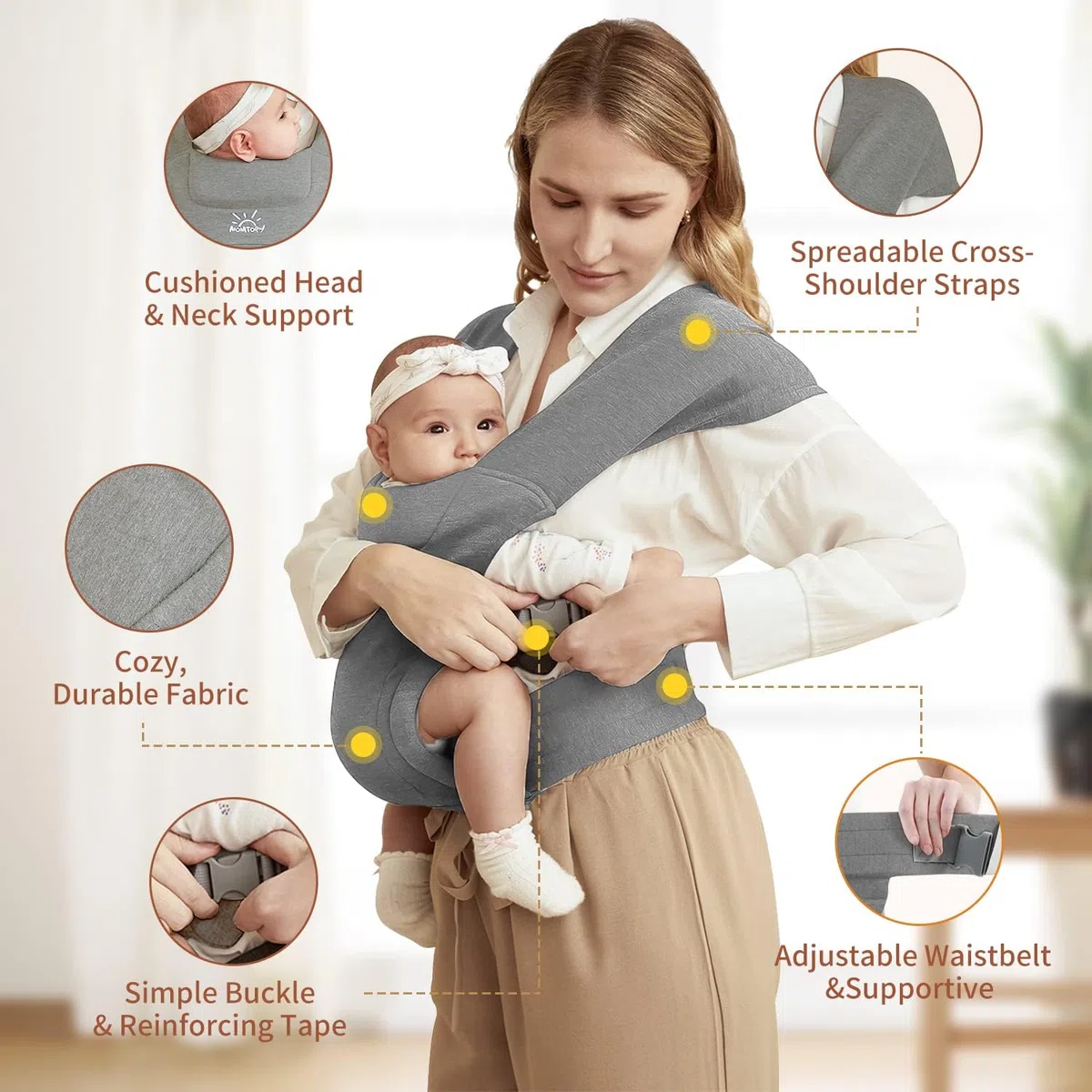 Babytrage für Neugeborene ab Geburt, MOMTORY Komfortabler Hüftsitz für Baby(3-12kg), Ergonomischer Tragetuch Neugeborenes bis Kleinkind mit Klettverschluss, Leicht Verstellbare Hüfttrage - Hellgrau