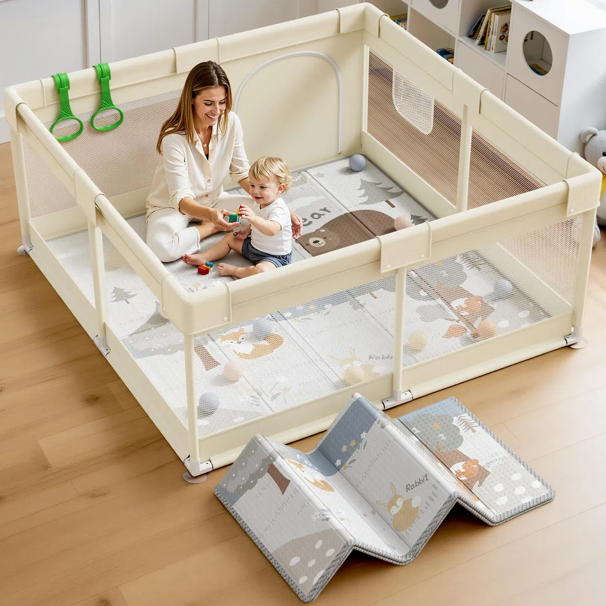 Baby Laufgitter 120x120 cm mit Matte & Matratze für Zuhause | Baby Laufgitter, geräumiger Spielbereich für Zuhause, leicht zu reinigen und platzsparend verstaubar