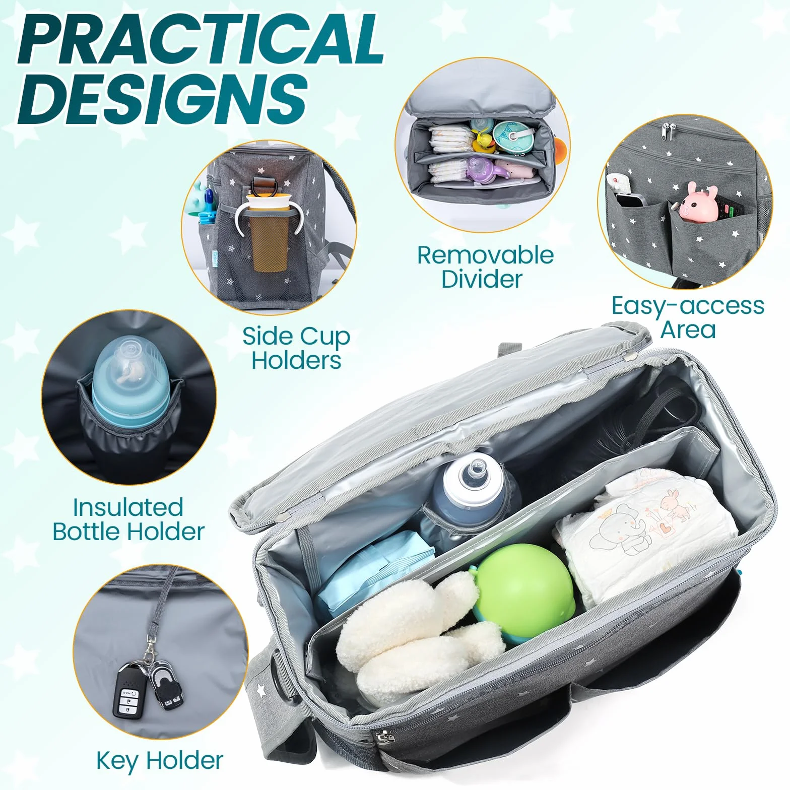 Orzbow Groß Kinderwagen Organizer, Wasserdichte Kinderwagen Tasche mit Getränkehalter & Abnehmbarer Trennwand, Universell Einsetzbar, Robuster Klettverschluss, Verstellbarer Schultergurt & Haken, Grau