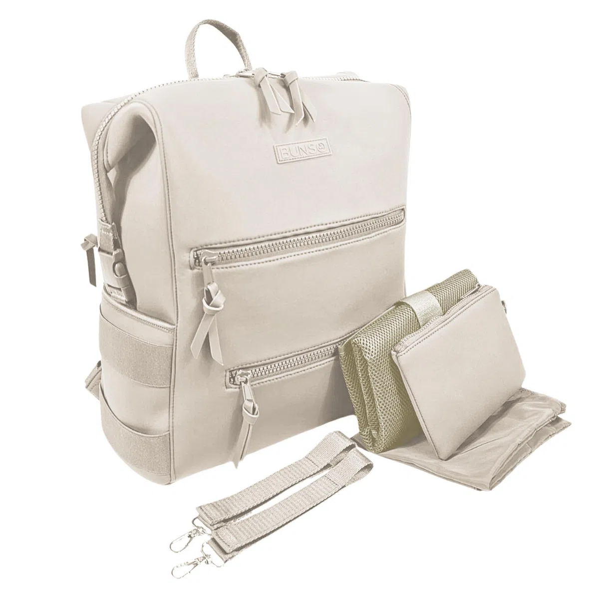 BUNSO Baby Minimalistischer Rucksack aus Neopren, Wickeltasche mit Tasche, Wickelunterlage und Kinderwagengurten, wasserabweisend und leicht, cremefarben