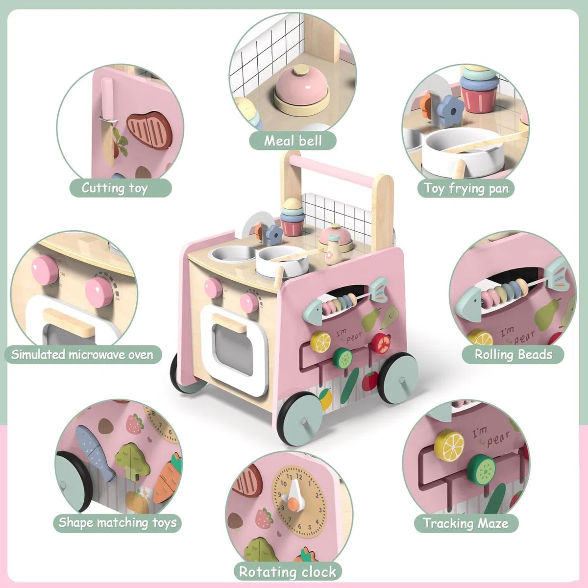 VITONIS Baby Lauflernwagen Holz, Lauflernhilfe mit Montessori Spielzeug Multifunktion, Holzspielzeug Kleinkinder, Baby Walker Spielzeug für Kinder, Geschenk für Jungen und Mädchen, Rosa