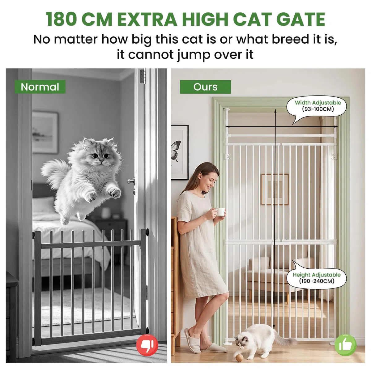 190cm Katzengitter Extra Hoch, 93-100cm Breites Türschutzgitter ohne Bohren | Türgitter Katze, Auszudehnbar Verstellbar Katzentür Gitter,Absperrgitter Hund, Überkletterschutz(L)