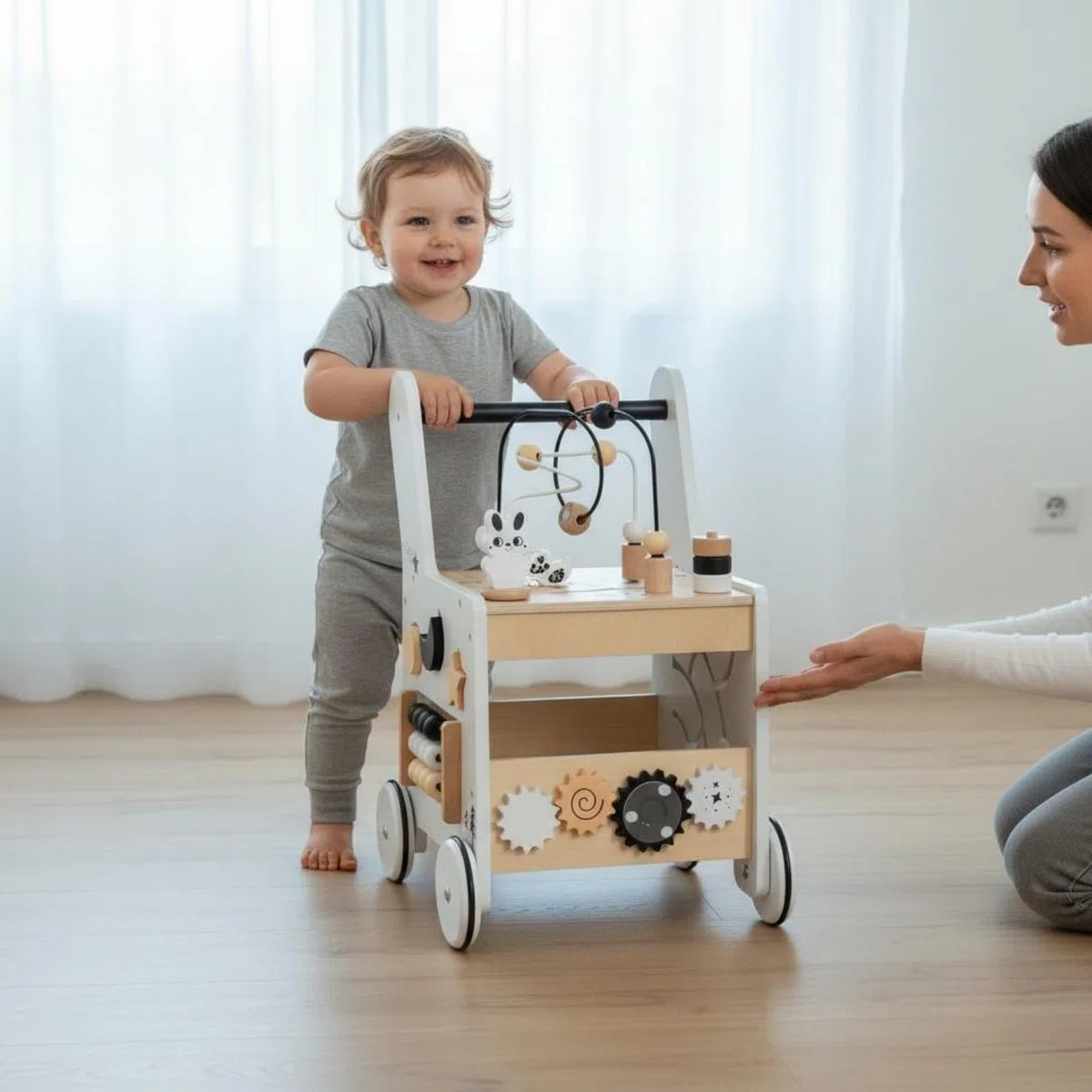 Lernwagen Kinder Lauflernwagen Aktivitätswagen Spielwagen Holz Lernspielzeug Motorikbrett mit Griff Stabile Räder Formensortierer Texturen Förderung