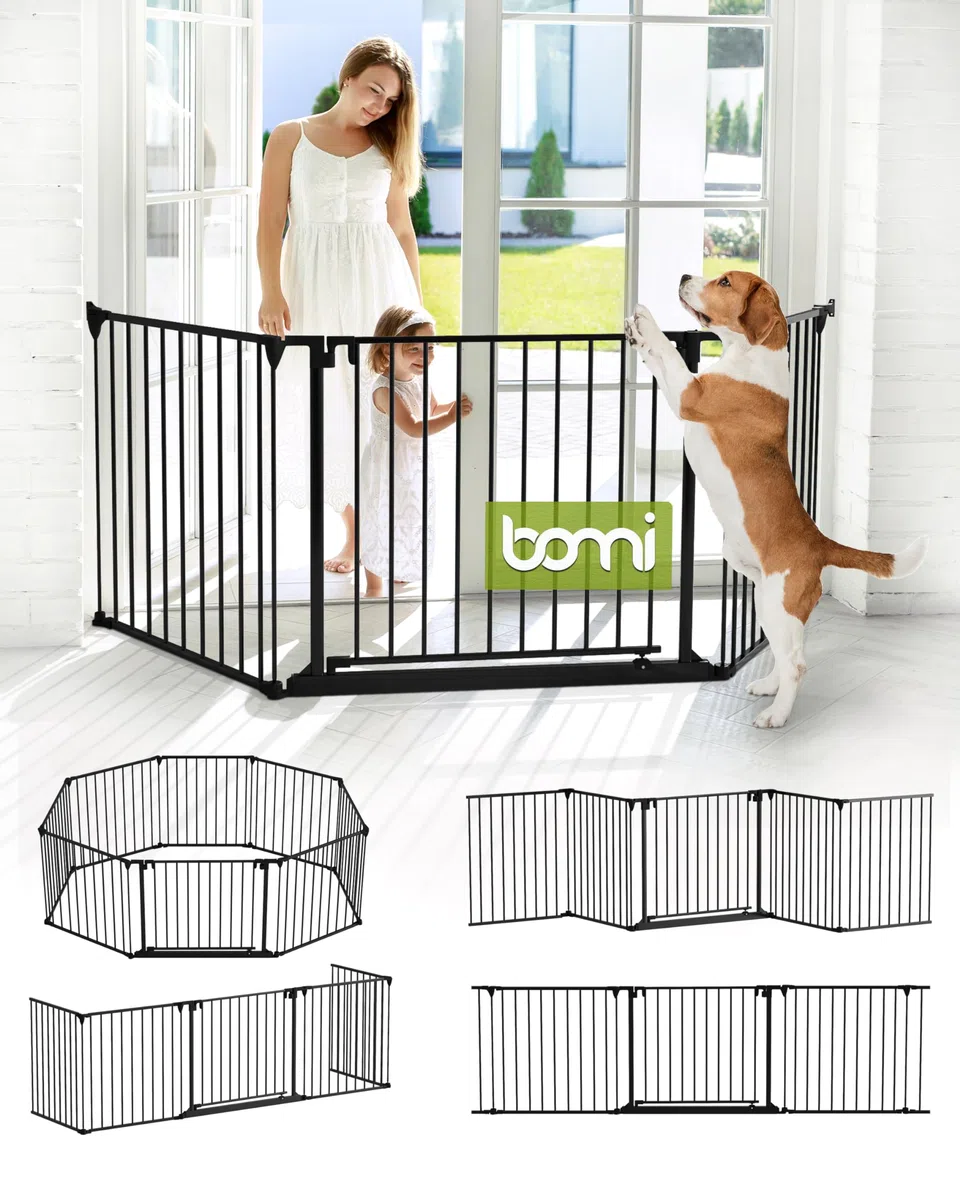 BOMI Treppenschutz Milo bis 525 cm | Extrabreite Tür: 75 cm Durchgang | 90° Stop | Schließt automatisch | Gittertür aus Metall Schwarz | Stabile Baby Schutzgitter Tür für Kindersicherheit Türgitter