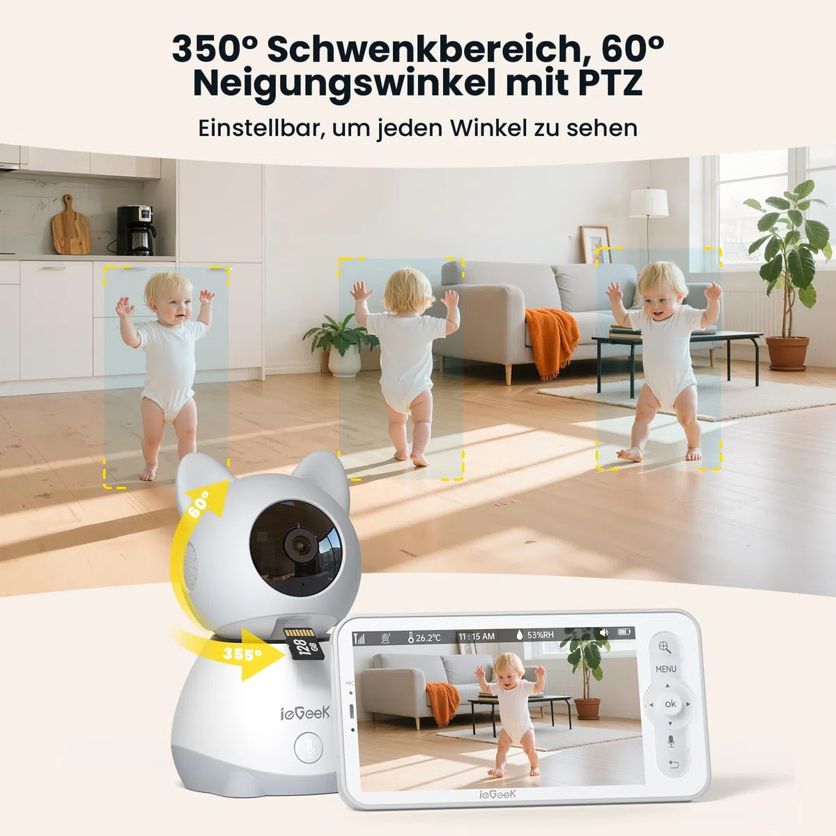ieGeek 2K-Babyphone mit Kamera und Nachtsicht, 5-Zoll-WLAN-Video-Babyfon, Gegensprechfunktion, Schrei-/Bewegungserkennung, Temperaturerkennung, PTZ, Mobile App