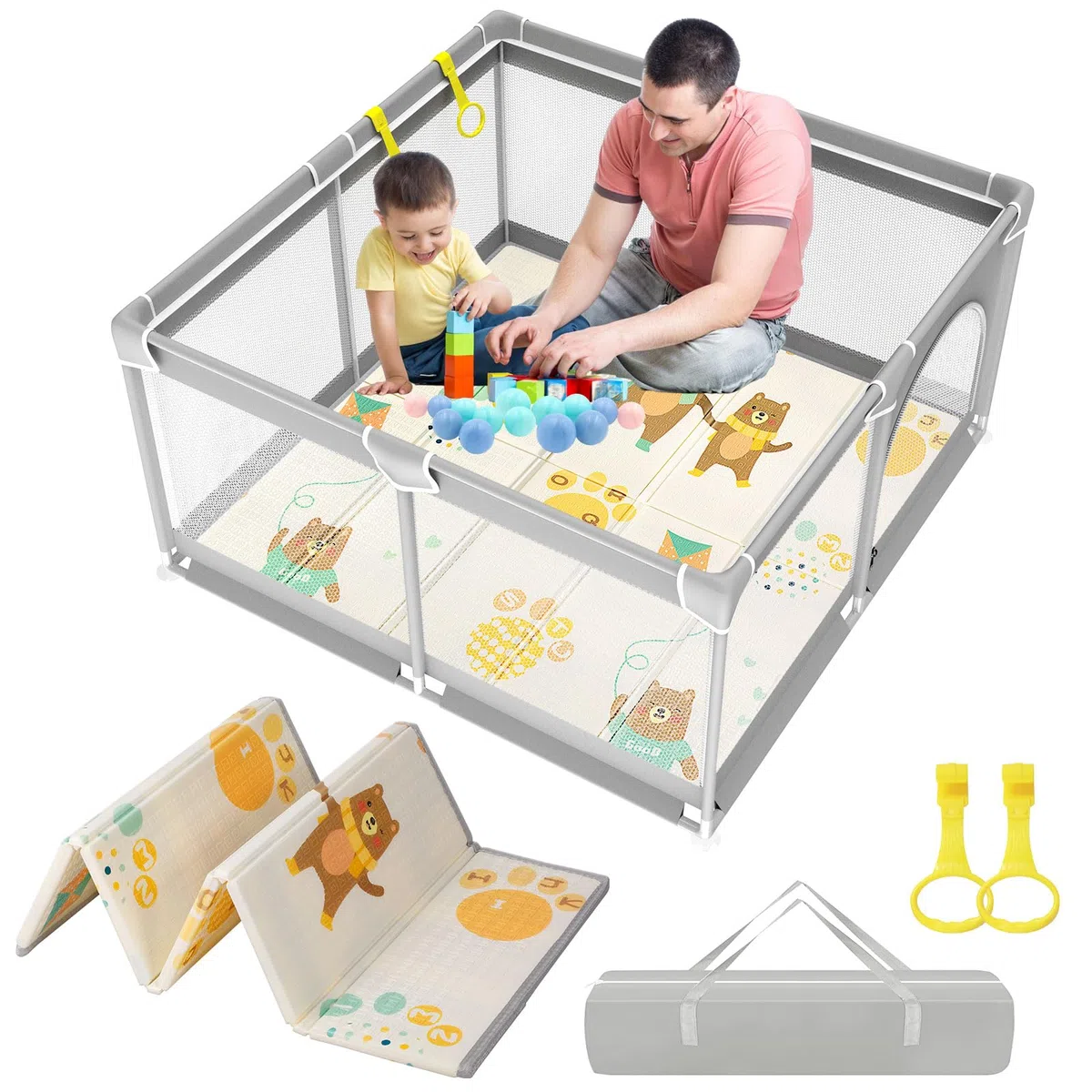 Laufgitter Baby mit Matratze 120x120cm Laufstall,Laufgitter Baby Atmungsaktivem Netz an Vier Seiten,mit 4 Rutschfeste Saugnäpfen Laufstall Faltbar mit Schaum Matte,Reißverschlusstür