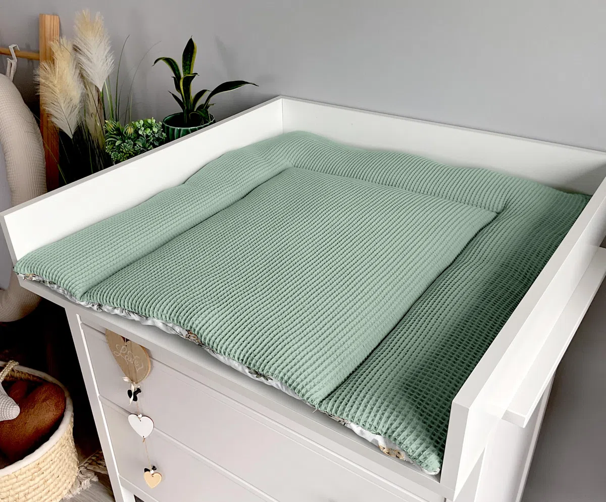 Wickelauflage Set 6-teilig – Wickelunterlage aus Baumwolle & Waffelstoff – Baby Wickelauflage – Geschenk zur Babyparty – Wickeltischauflage – 85x75 cm (Breite x Tiefe), Safari und Dusty Mint