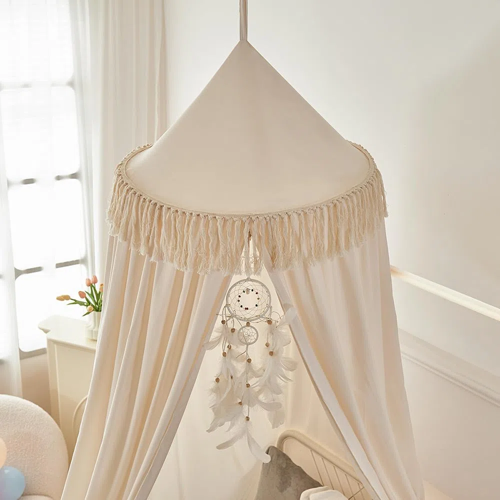 Groß Betthimmel Baldachin Babybett Beige Kinderbett Mädchen Khaki Kinder Baby Himmel Rund Hängendes Kuppel Moskitonnetz Deko 400cm