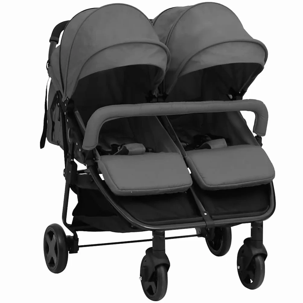 vidaXL Geschwisterwagen Klappbar Zwillingswagen Kinderwagen Baby Kinder Buggy Zwillingsbuggy Kinderbuggy Reisebuggy Dunkelgrau Schwarz Stahl