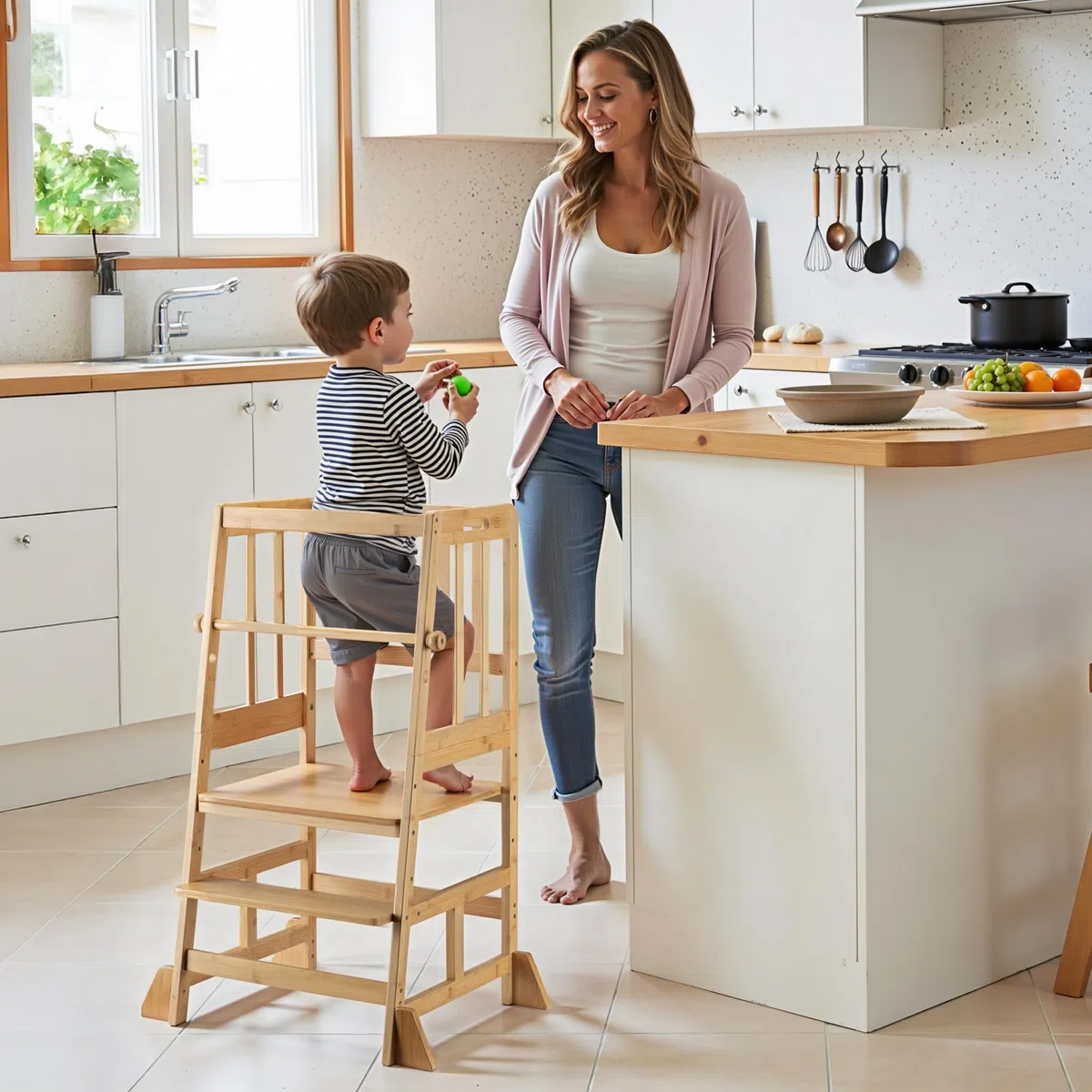 Wiltec Kinderstuhl Lernturm 57 x 46 x 90 cm aus Bambus, Lernstuhl für Kinder mit Geländer, Stehturm mit Schutzstab