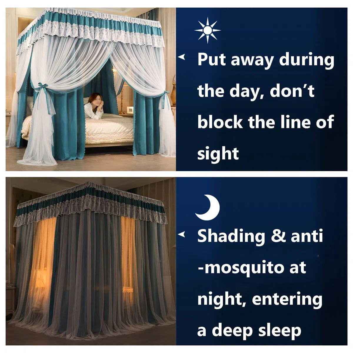 Luxuriöses Moskitonetz mit Himmel für Bett, Schlafzimmerdekoration, Prinzessinnen-Bettvorhang, 4 Stangen (Größe: 180 x 220 x 200 cm)