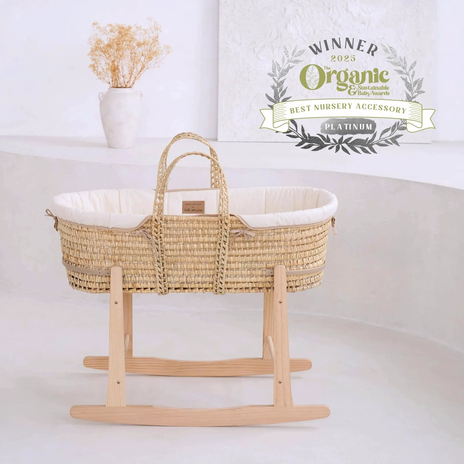 Clair de Lune Bio-Palmen-Moseskorb, Gold-Preisträger, kommt mit Bio-Kompresse, natürlicher Bambus-Matratze und weichem Baby-Betttuch, 75 x 28 cm (Naturcreme)
