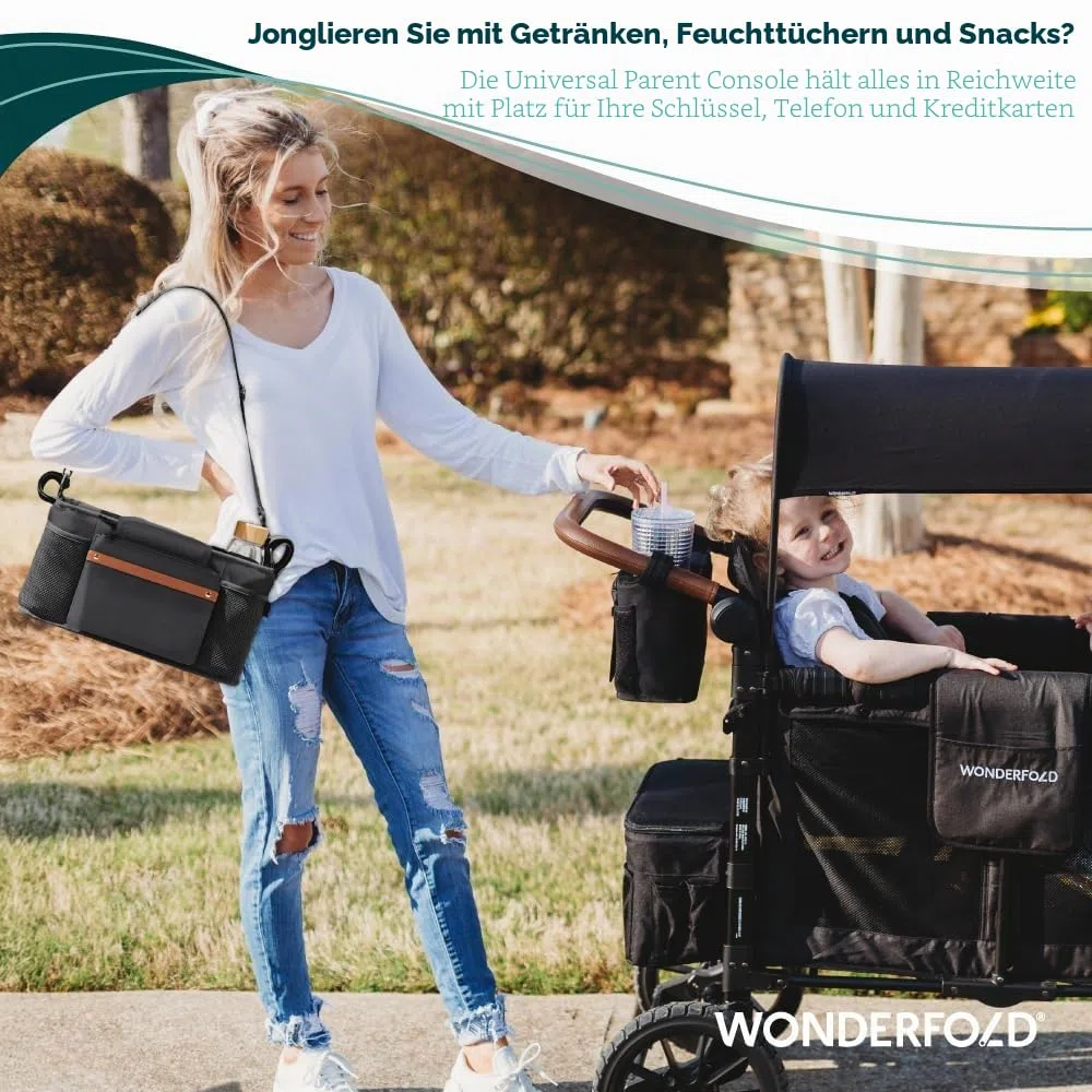 WONDERFOLD Kinderwagen-Organizer mit isolierten Getränkehaltern, Klettverschluss-Griffbefestigung, 2 Aufbewahrungstaschen und abnehmbarem Schultergurt für einfachen Transport