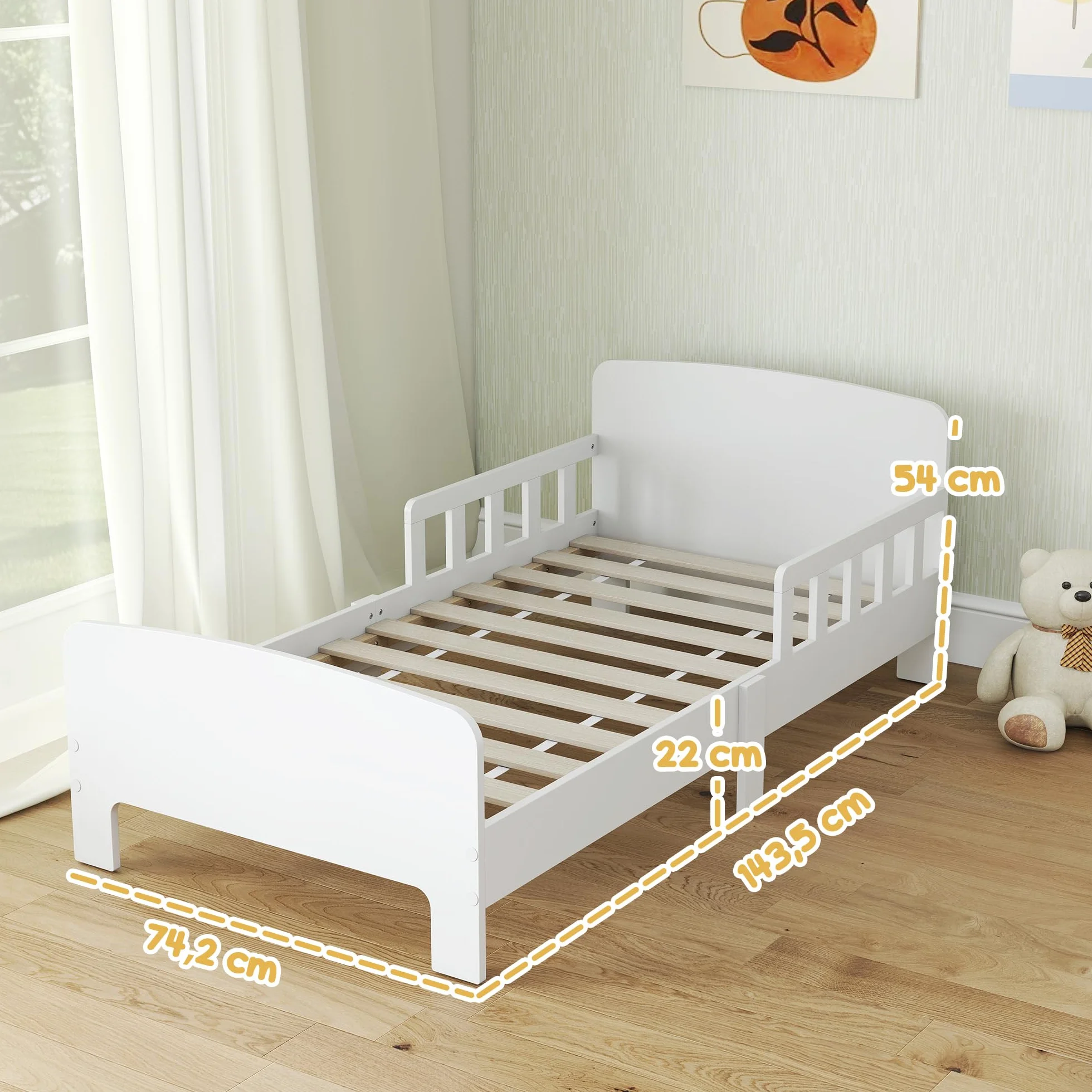 AIYAPLAY Kinderbett, Kinderbodenbett mit hohen Sicherheitsgittern, Lattenrost und stabilem Rahmen, für Mädchen und Jungen von 3 bis 8 Jahren, geeignet für Matratzen 140 x 70 cm, weiß