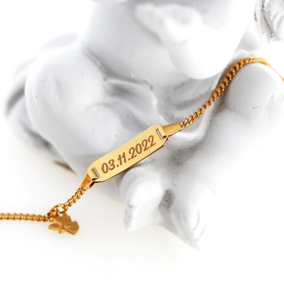 Baby ID Armband mit Engel Taufarmband Gravur Babyarmband 925 Silber vergoldet Taufschmuck mit Namen kurz 12cm 14cm Gold personalisiert