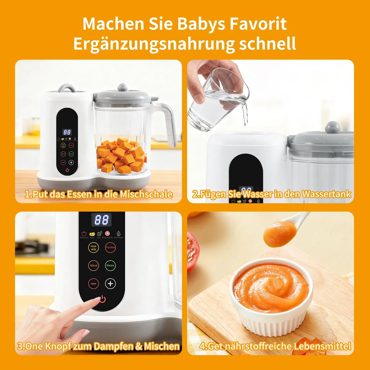 Babynahrungszubereiter, 400ML Baby Food Maker, Babybrei Zubereiter, Dampfgarer Mixen, mit voreingestellten Modi 4 Menüs, automatisches Kochen und Mahlen, Selbstreinigung, Touchscreen-Steuerung