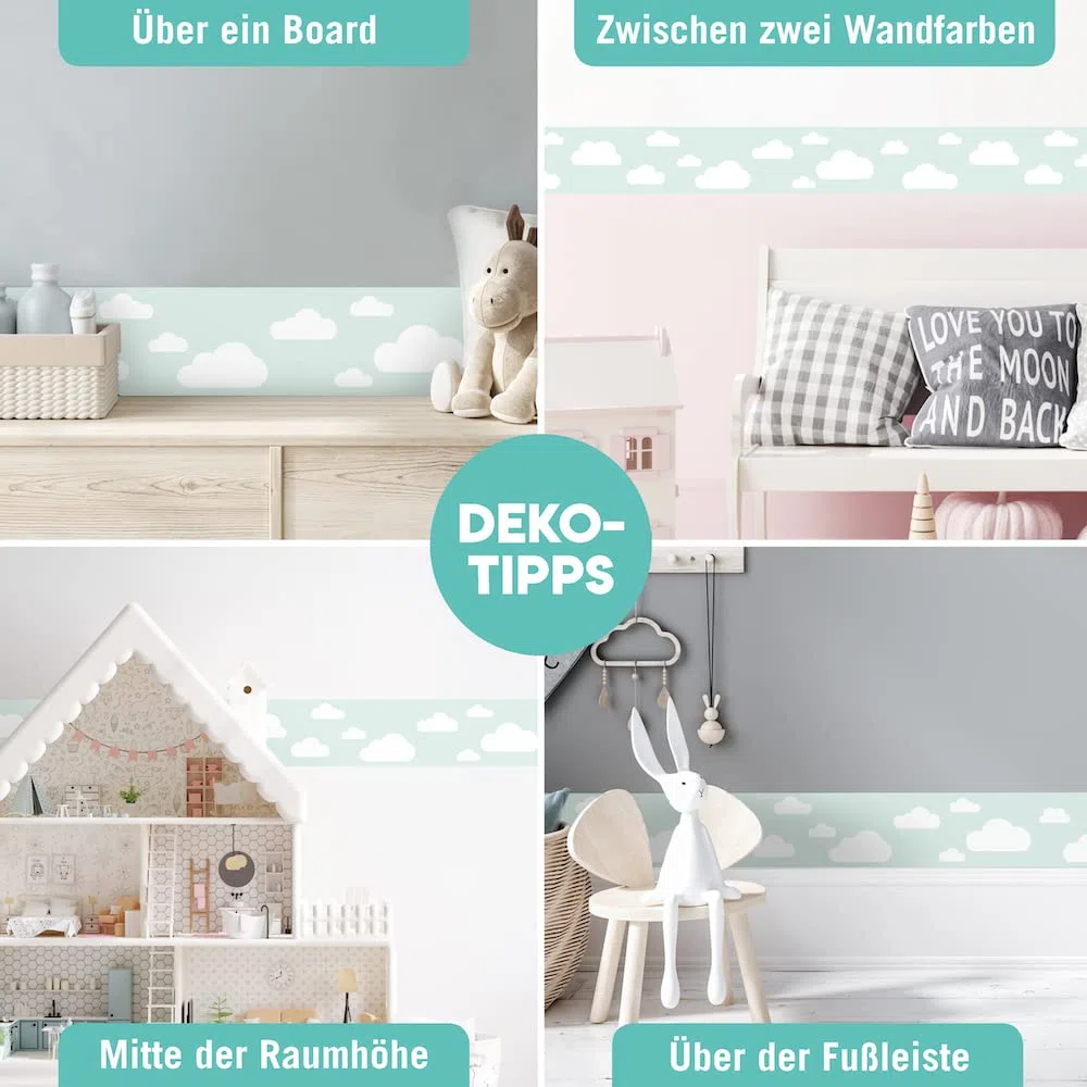 Bordüre selbstklebend WOLKE MINT GRÜN - Wandbordüre Kinderzimmer Babyzimmer mit Wolken - Wandtattoo Schlafzimmer Mädchen & Junge – Wanddeko Baby Kinder