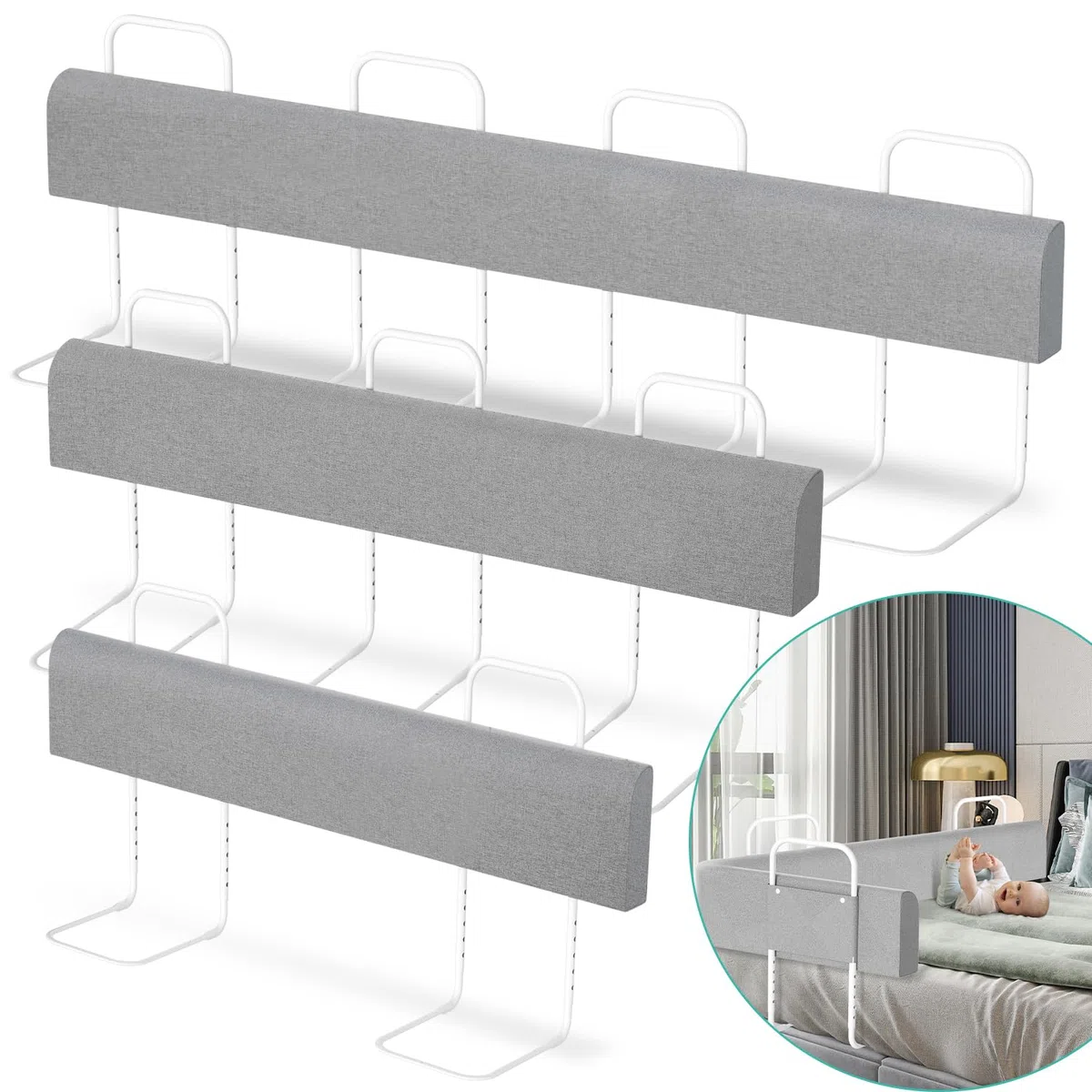 2xBettgitter für Kinder 150cm, Bettschutzgitter 5-Loch Höhenverstellbar, Rausfallschutz Bett, Kinderbettgitter, klappbar Bettgitter, Einfach zu Montieren(Grau)