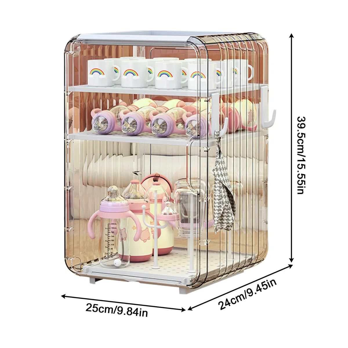 Transparenter vertikaler Organizer: Großer staubdichter Aufbewahrungsbehälter für Küche, Bad, Kinderzimmer, Schlafzimmer, Babyflaschen, Besteck, mit Trennwand